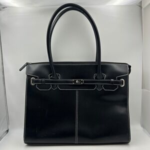 Wilsons Leather Tote Bag Birkin-inspired silhouette Black Contrast Stitch Purse